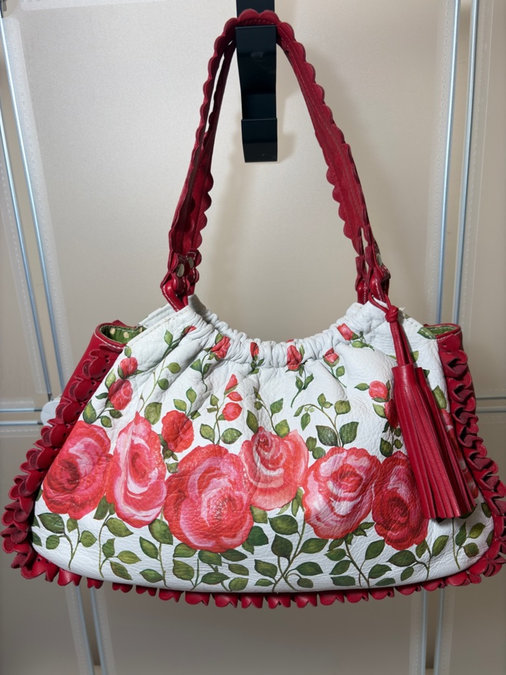 Isabella Fiore Floral Rose Leather Shoulder Bag Red White Tassel